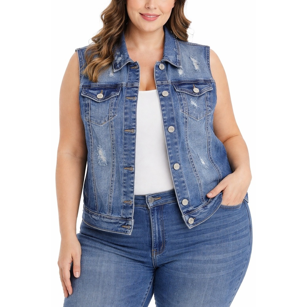 WAX JEAN Denim Vest Blue Distressed Button Front Sleeveless Jacket Women Plus 1X
